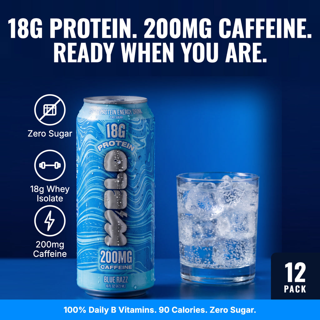 Blue Razz 12 pack: 18g protein, 200mg caffeine, zero sugar