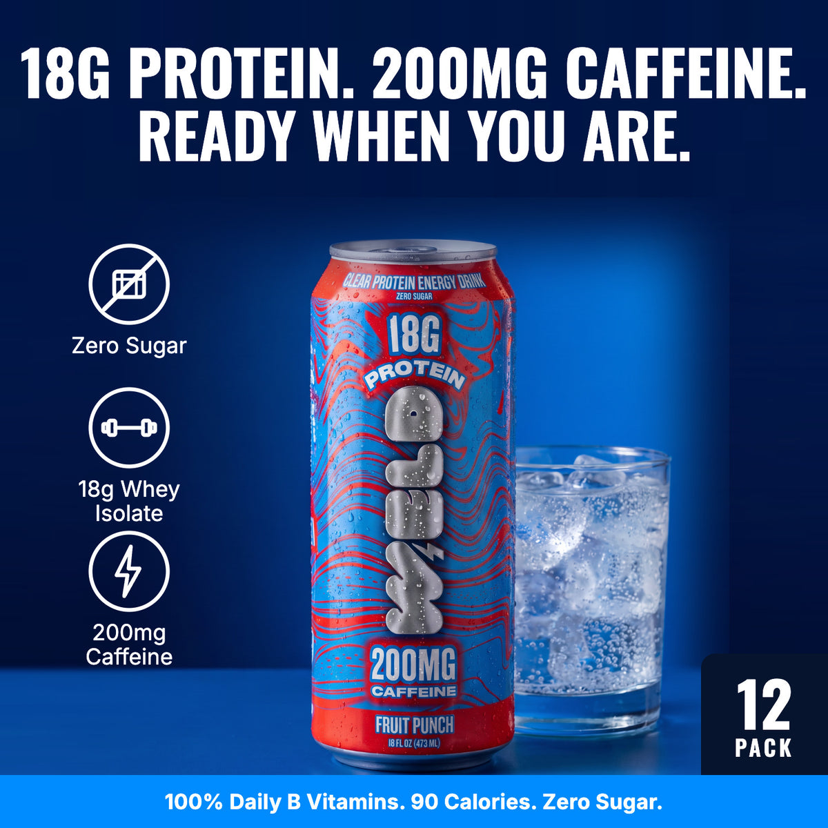 Fruit Punch 12 pack: 18g protein, 200mg caffeine, zero sugar