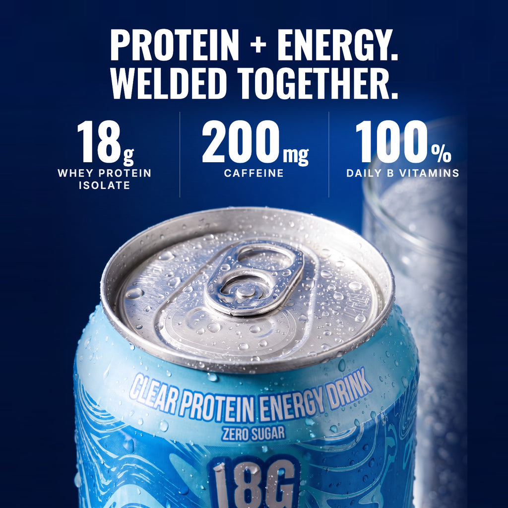 Blue Razz can close-up: 18g whey isolate, 200mg caffeine, 100% B vitamins