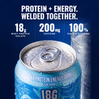 Blue Razz can close-up: 18g whey isolate, 200mg caffeine, 100% B vitamins