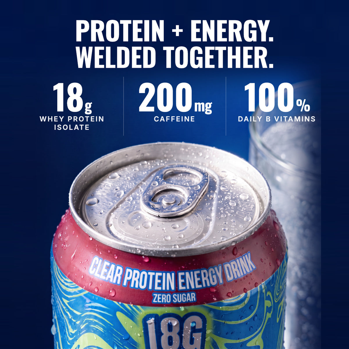Cherry Limeade can close-up: 18g whey isolate, 200mg caffeine, 100% B vitamins