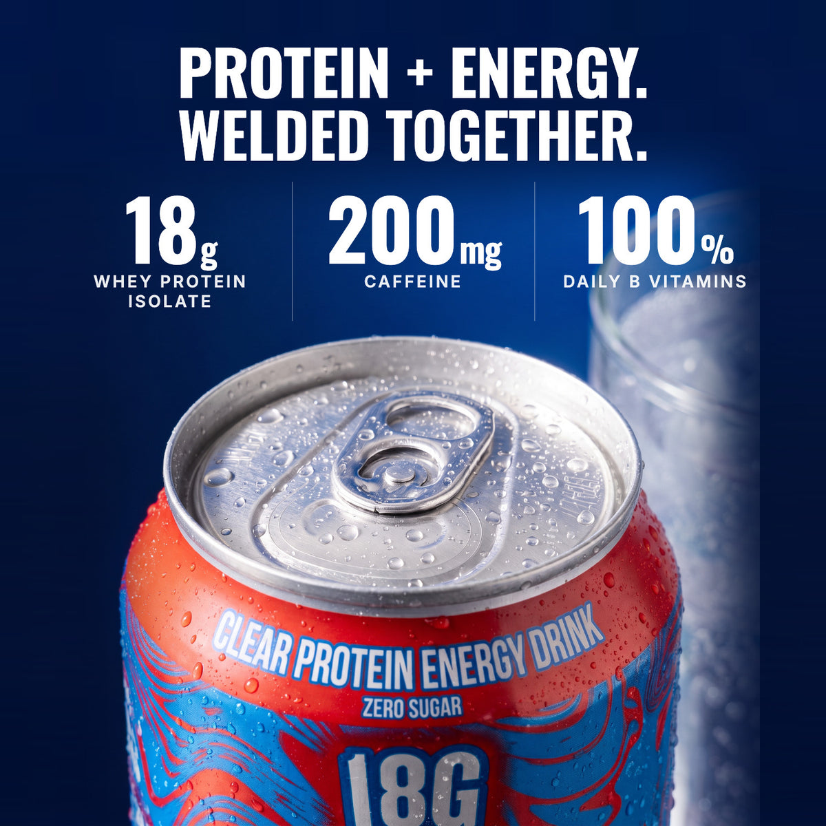 Fruit Punch can close-up: 18g whey isolate, 200mg caffeine, 100% B vitamins