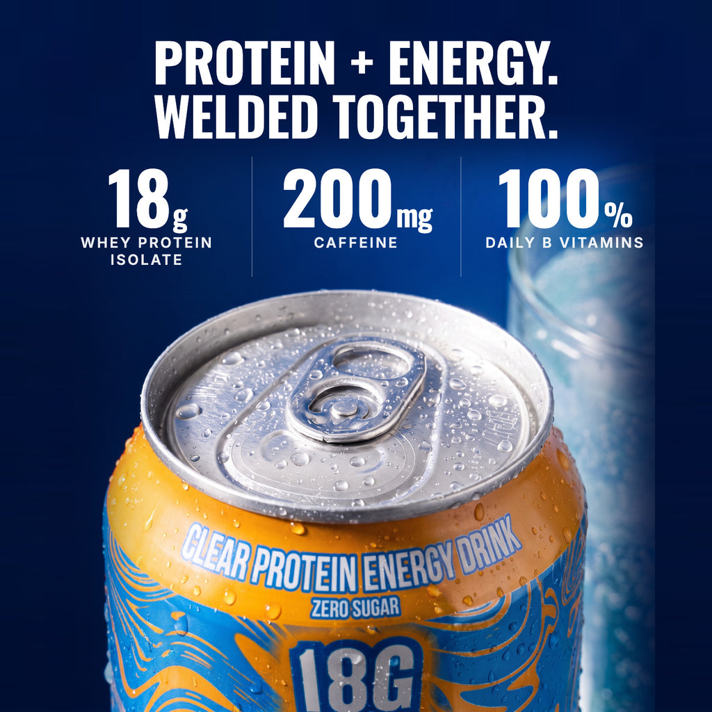 Orange Cream can close-up: 18g whey isolate, 200mg caffeine, 100% B vitamins
