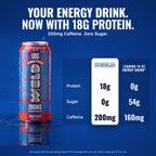 WELD Fruit Punch vs a leading 16 oz energy drink: 18g protein, 0g sugar, 200mg caffeine