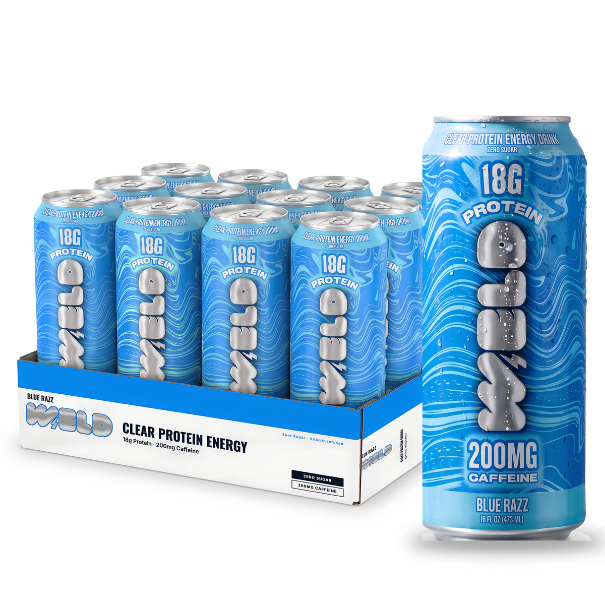 WELD Blue Razz 12 Pack case with a single can