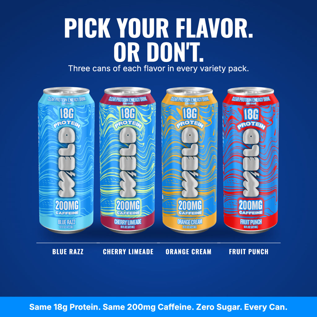 Variety pack: three cans each of Blue Razz, Cherry Limeade, Orange Cream and Fruit Punch